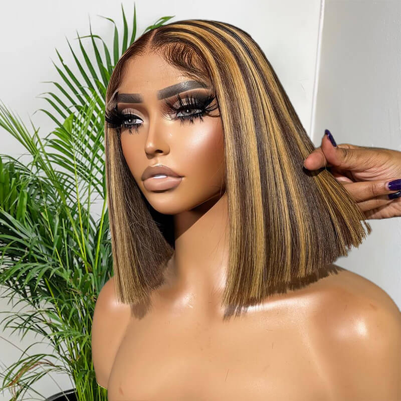 Honey Blonde Piano Highlights Color Bob Human Hair Wig Short Cut Wigs - Image 3