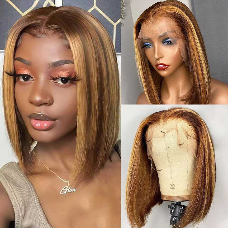 Honey Blonde Piano Highlights Color Bob Human Hair Wig Short Cut Wigs - Image 4