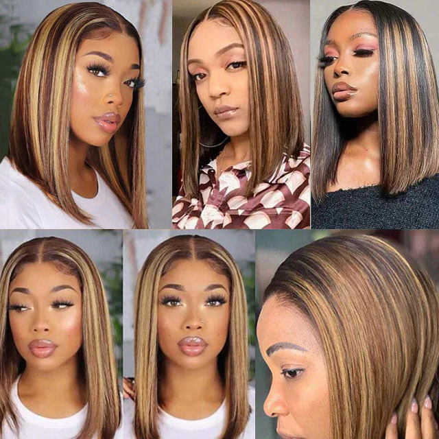 Honey Blonde Piano Highlights Color Bob Human Hair Wig Short Cut Wigs - Image 6