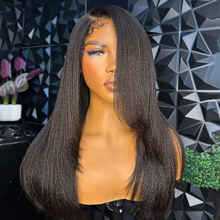 Kinky Edges 4C Hairline Yaki Straight Layered Cut Glueless Wig 220% Density 8x5 13x4 13x6 HD Lace Front Wig - Image 3