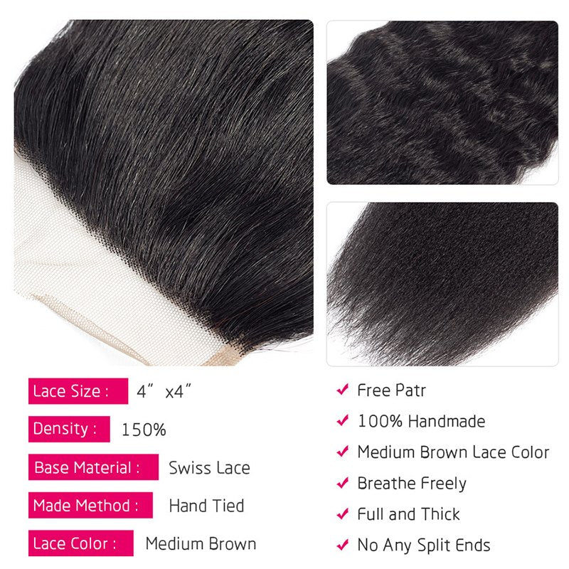 Kinky Straight Human Hair 3 Bundles With 4x4 Lace Closure - Image 5