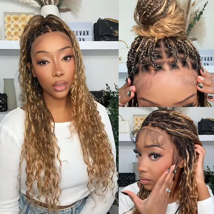 Knotless Boho Braided Wig T1B/27 Ombre Human Hair Drawstring 13x6 Lace Front Wig Black Roots - Image 3
