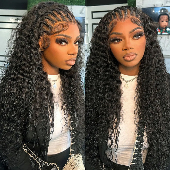 Knotless Fulani Braids with Curls Deep Wave Human Hair Wigs Glueless 13x6 Lace Frontal Wig