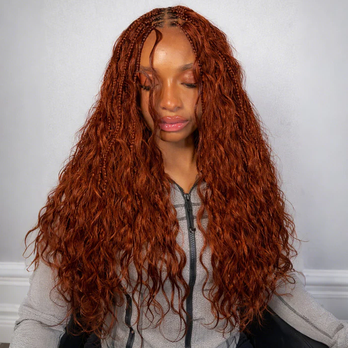 Knotless Neatness Glueless Boho Braided Wig Drawstring Reddish Brown Water Wave Human Hair Wigs