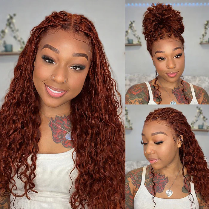 Knotless Neatness Glueless Boho Braided Wig Drawstring Reddish Brown Water Wave Human Hair Wigs - Image 2