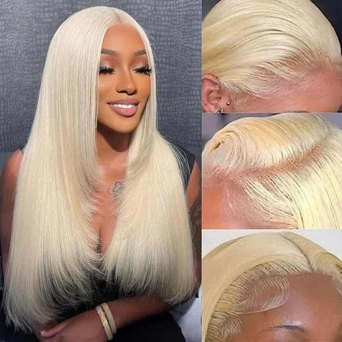 Layered Cut 613 Blonde Pre Plucked Glueless Straight 13x4 13x6 HD Transparent Lace Wigs - Image 3