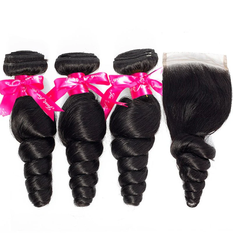 Loose Wave Human Hair 3 Bundles With 4x4 Lace Closure Human Hair Weft - Image 2
