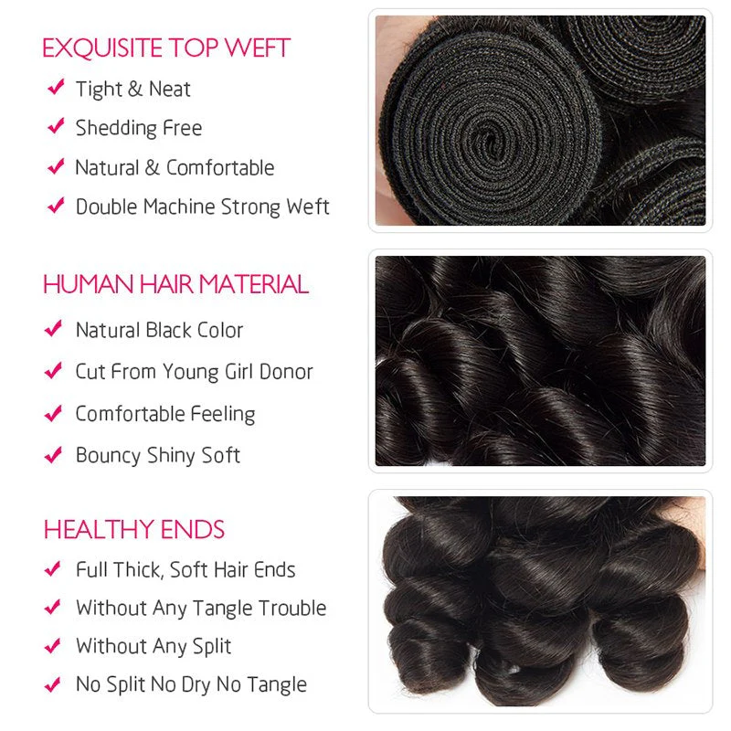 Loose Wave Human Hair 3 Bundles With 4x4 Lace Closure Human Hair Weft - Image 3