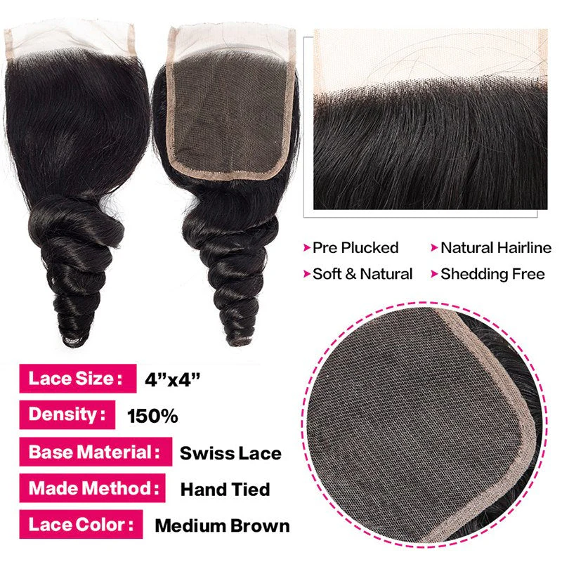Loose Wave Human Hair 3 Bundles With 4x4 Lace Closure Human Hair Weft - Image 6