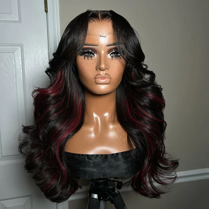 Mix Color Red Highlights Body Wave Curtain Bangs Wig 8x5/13x6/360 HD Lace Frontal Glueless Wig - Image 3