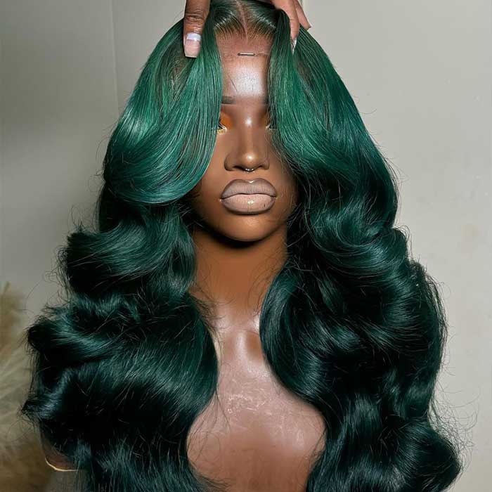 Olive Green Body Wave Curtain Bangs Wig Colored Human Hair HD Lace Front Wig - Image 2