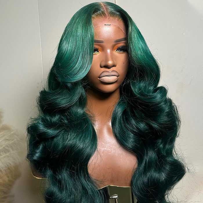 Olive Green Body Wave Curtain Bangs Wig Colored Human Hair HD Lace Front Wig - Image 3