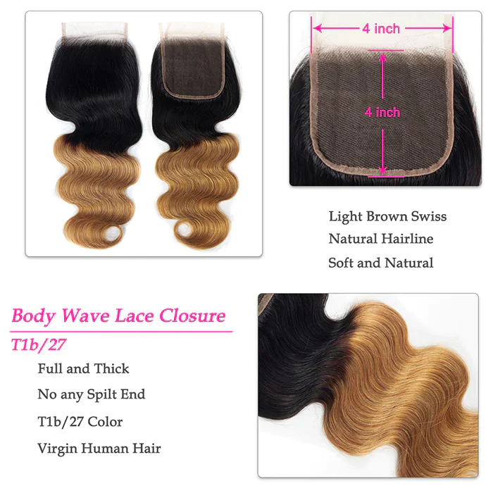 Ombre 1B27 Body Wave Human Hair 3 Bundles With 4x4 Lace Closure - Image 4