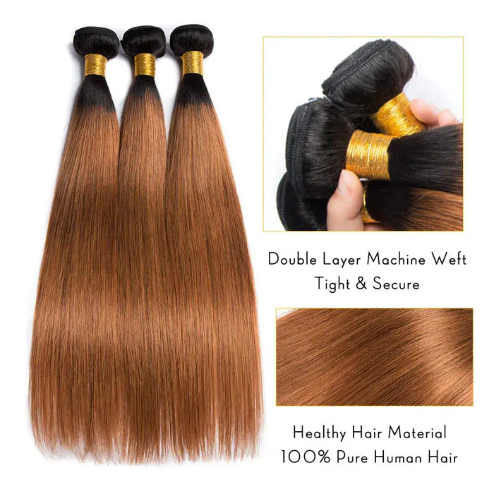 Ombre 1B30 Straight Human Hair 3 Bundles With 4x4 Lace Closure - Image 3