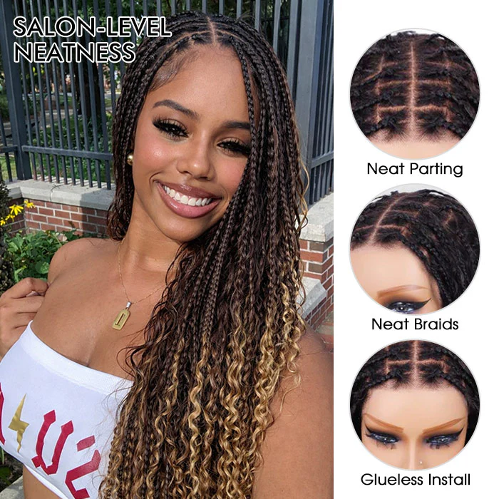 Ombre Boho Curls Braided Wigs Black Brown Blonde Glueless 13x6 HD Lace Drawstring Wig Three Tone Color - Image 3