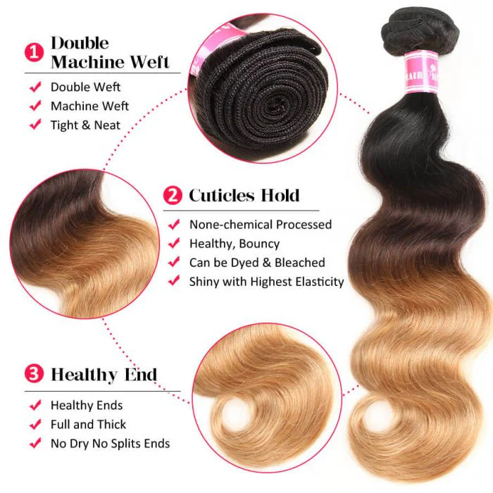 Ombre Hair 1B/4/27 Color Body Wave Human Hair 3 Bundles With 4x4 Lace Closure - Image 3