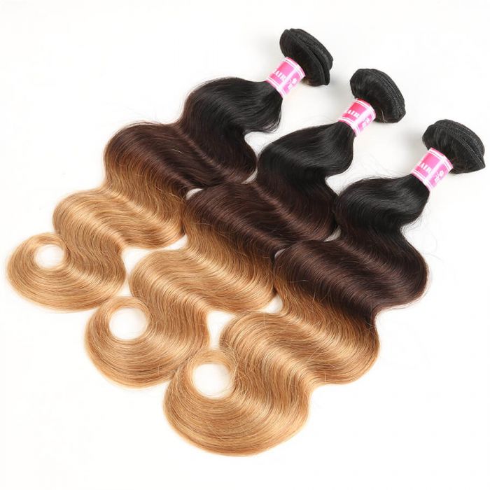 Ombre Hair 1B/4/27 Color Body Wave Human Hair 3 Bundles With 4x4 Lace Closure - Image 4