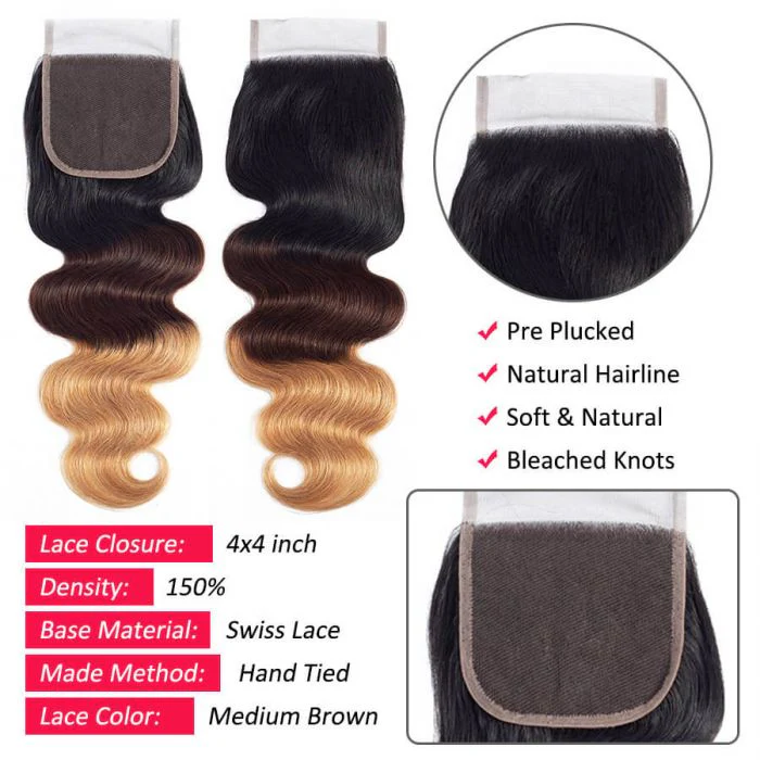 Ombre Hair 1B/4/27 Color Body Wave Human Hair 3 Bundles With 4x4 Lace Closure - Image 5