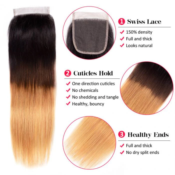 Ombre Hair 1B/4/27 Color Straight Human Hair 3 Bundles With 4x4 Lace Closure - Image 3