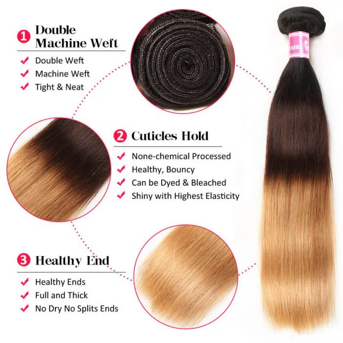 Ombre Hair 1B/4/27 Color Straight Human Hair 3 Bundles With 4x4 Lace Closure - Image 4