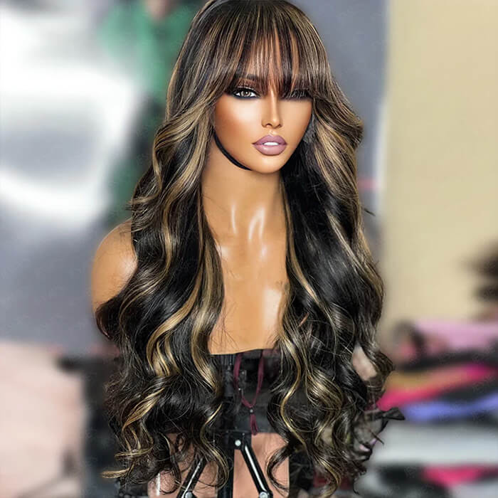 P1B/27 Balayage Blonde Highlights Glueless Body Wave Wig with Bangs 8x5 Pre Cut HD Lace Curtain Bangs Wig - Image 4