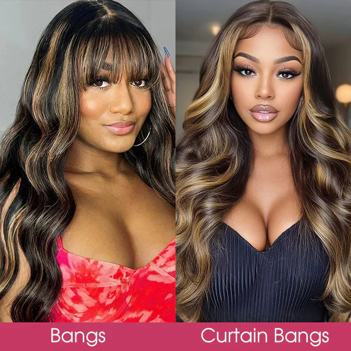 P1B/27 Balayage Blonde Highlights Glueless Body Wave Wig with Bangs 8x5 Pre Cut HD Lace Curtain Bangs Wig - Image 8