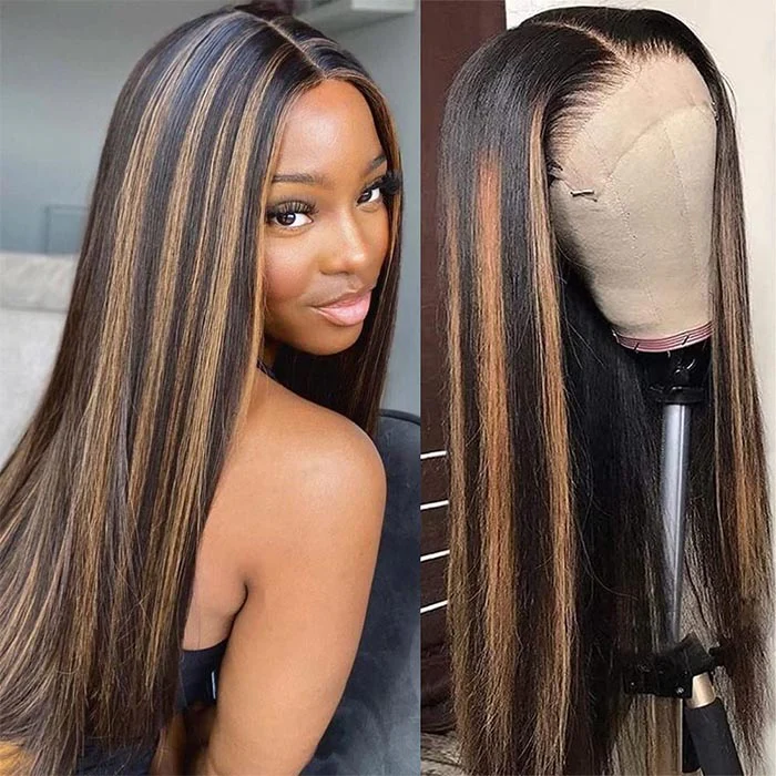 P1B/30 Highlight Brown Straight HD Lace Front Wig Glueless Balayage Colored Human Hair Wigs
