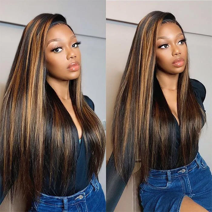P1B/30 Highlight Brown Straight HD Lace Front Wig Glueless Balayage Colored Human Hair Wigs - Image 2