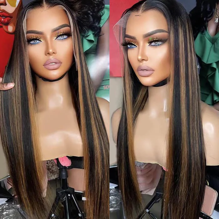 P1B/30 Highlight Brown Straight HD Lace Front Wig Glueless Balayage Colored Human Hair Wigs - Image 3
