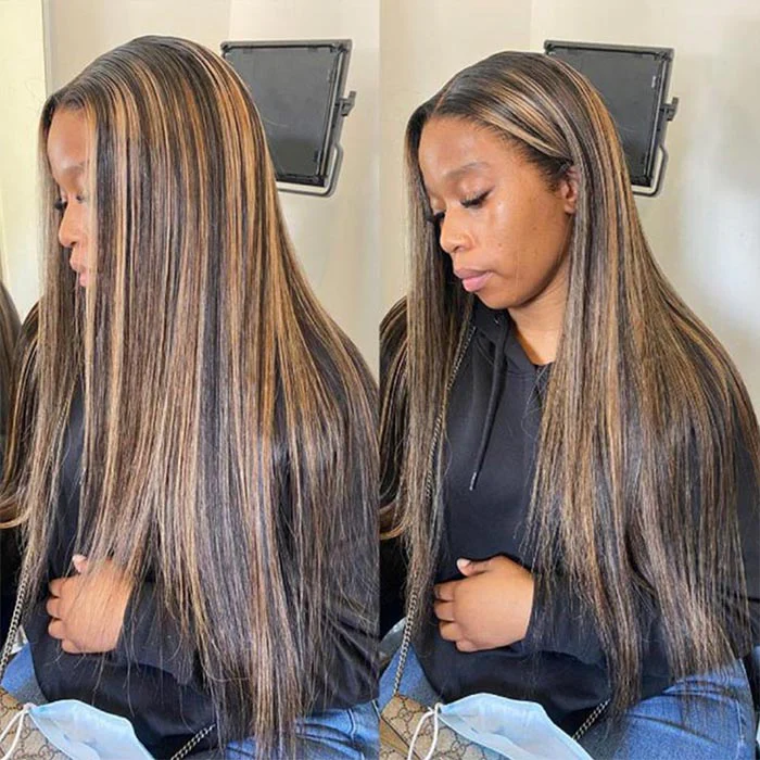 P1B/30 Highlight Brown Straight HD Lace Front Wig Glueless Balayage Colored Human Hair Wigs - Image 4
