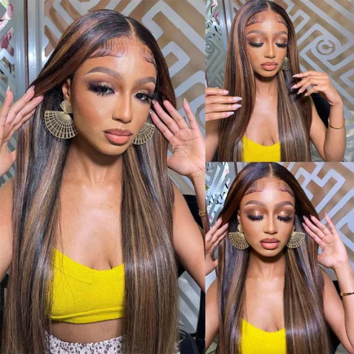 P1B/30 Highlight Brown Straight HD Lace Front Wig Glueless Balayage Colored Human Hair Wigs - Image 6