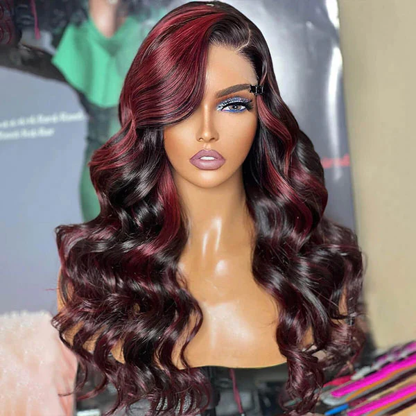 P1B/99J Balayage Body Wave Wig Piano Color Highlight Burgundy Red HD Lace Frontal Wig - Image 3