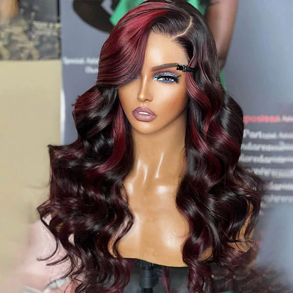 P1B/99J Balayage Body Wave Wig Piano Color Highlight Burgundy Red HD Lace Frontal Wig - Image 4