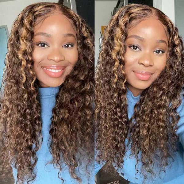 P4/27 Balayage Highlight Water Wave Human Hair HD Lace Wig Pre Bleached Highlight Brown Blonde Wig - Image 4