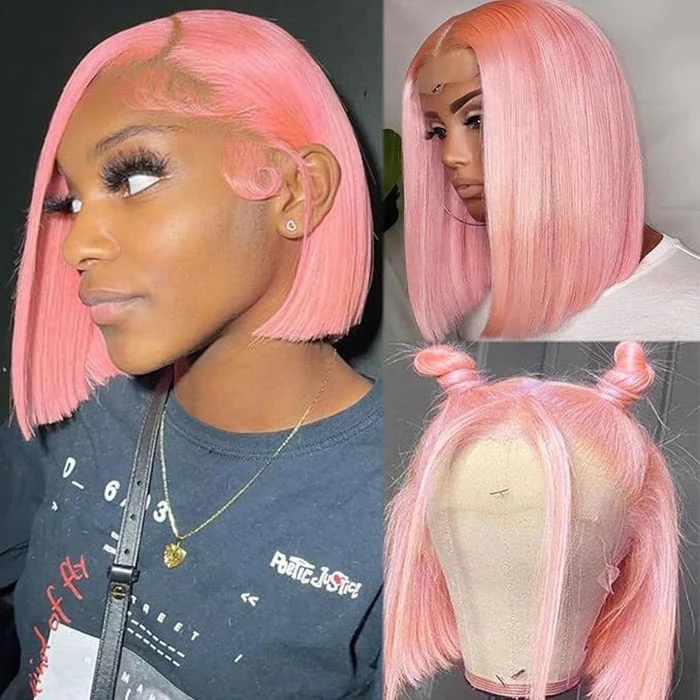 Pink Color Bob Wig Straight 13x4 HD Lace Front Wigs Pre Plucked Glueless Wig - Image 4