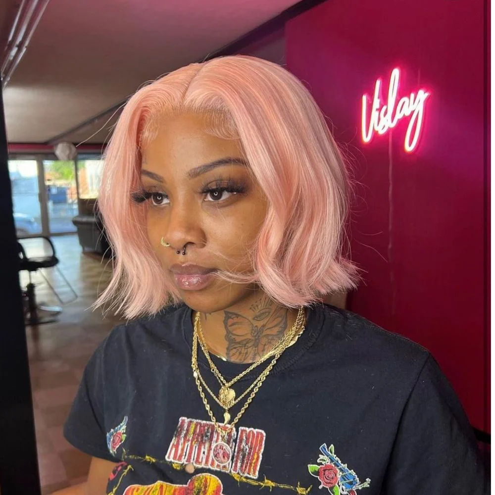 Pink Color Bob Wig Straight 13x4 HD Lace Front Wigs Pre Plucked Glueless Wig - Image 6