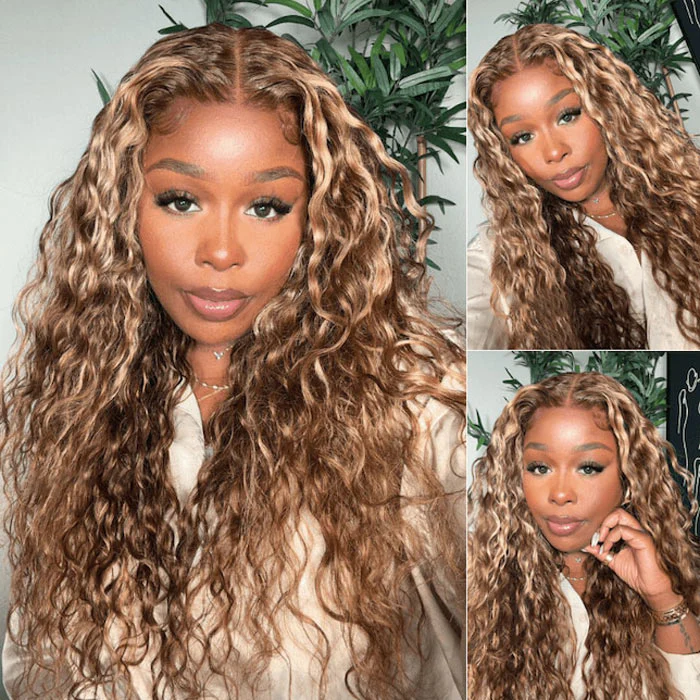 Pre All Drawstring 13x4 Lace Frontal Brown Blonde Highlights Water Wave Glueless Wig Special Offer - Image 3