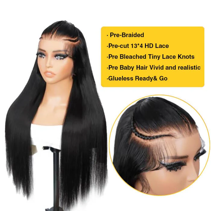 Pre Braided Glueless Wig 13x4 HD Lace Front Straight Human Hair Wigs Pre-All Wig - Image 3