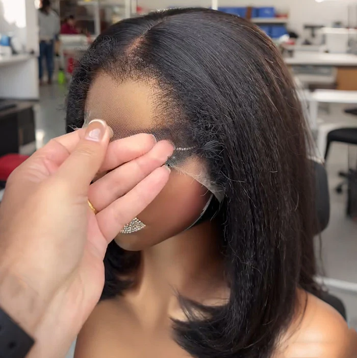 Pull Go Drawstring Glueless Lagos Hairline Kinky Straight Bob Wig 4C Edges Widows Peak HD Lace Front Wig - Image 3