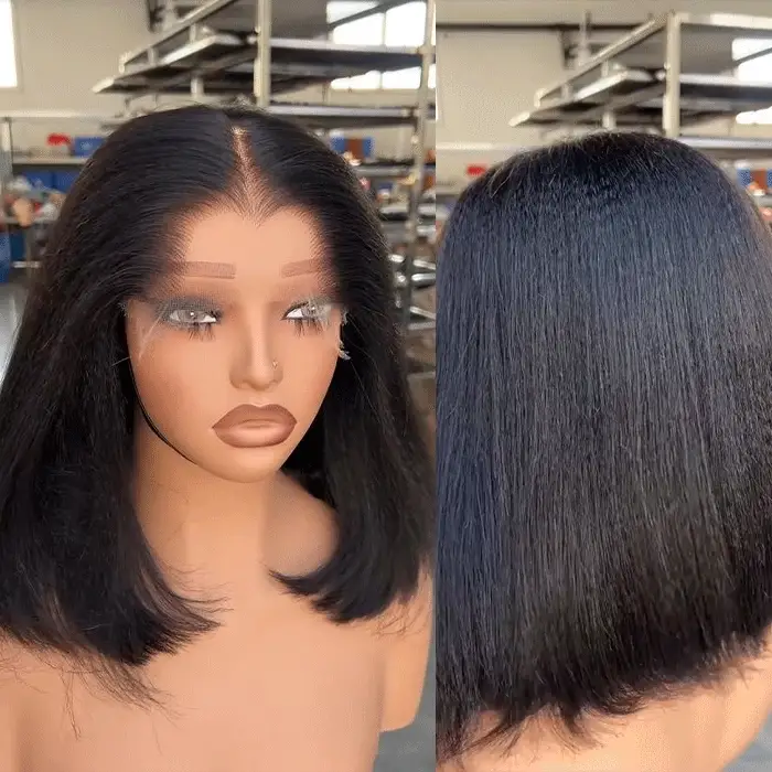 Pull Go Drawstring Glueless Lagos Hairline Kinky Straight Bob Wig 4C Edges Widows Peak HD Lace Front Wig - Image 4