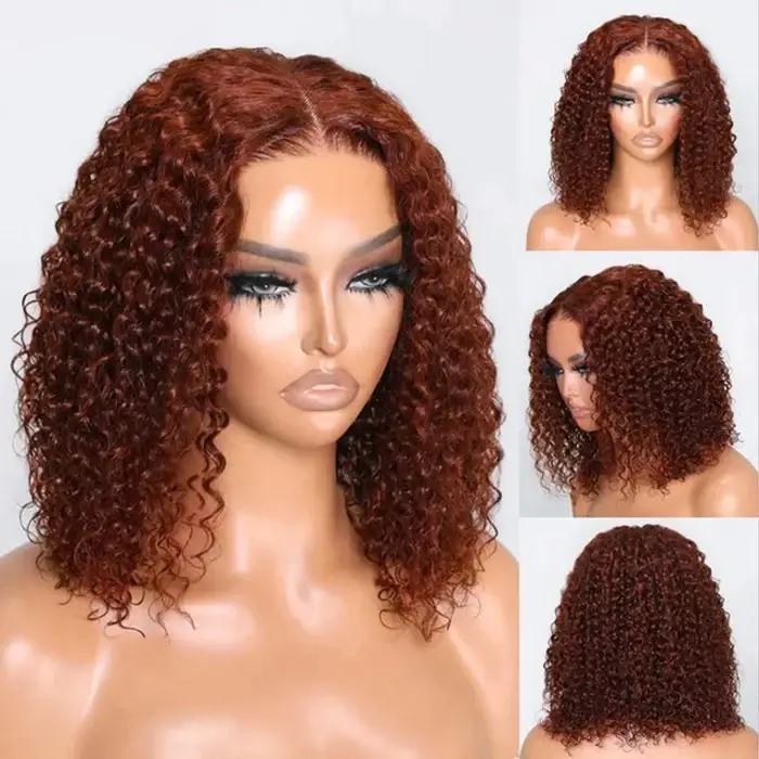 Reddish Brown Color Curly Short Bob Wigs Glueless HD Lace Front Human Hair Wigs Pre-Plucked Hairline - Image 3