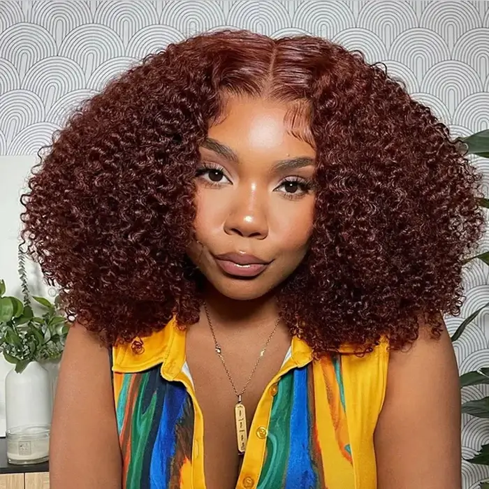 Reddish Brown Color Curly Short Bob Wigs Glueless HD Lace Front Human Hair Wigs Pre-Plucked Hairline - Image 6
