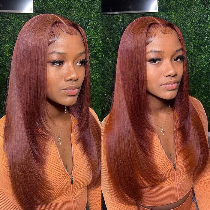 Reddish Brown Straight Layered Cut 13x4/13x6 Lace Front Wig #33 Auburn Color Human Hair Wigs - Image 3