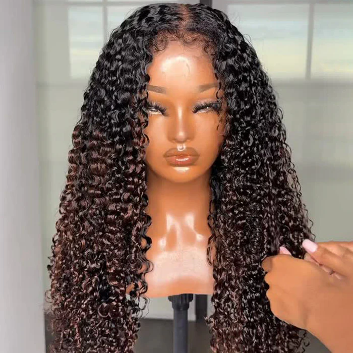 Reddish Brown with Dark Roots 4B 4C Hairline Kinky Edges Jerry Curly Ombre Human Hair Glueless Wig - Image 2