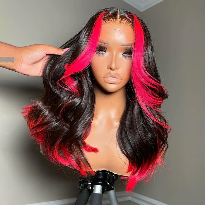 Rose Red Skunk Stripe Body Wave Ready to Wear Wig Pre Plucked Hot Pink and Black Colored Human Hair Wigs - Image 3