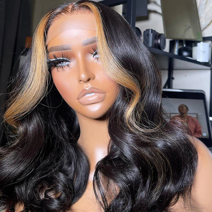 14Inch $89.9 Skunk Stripe Body Wave Bob Wig Human Hair Wigs 13x4 Transparent HD Lace Wig 180% Density - Image 3
