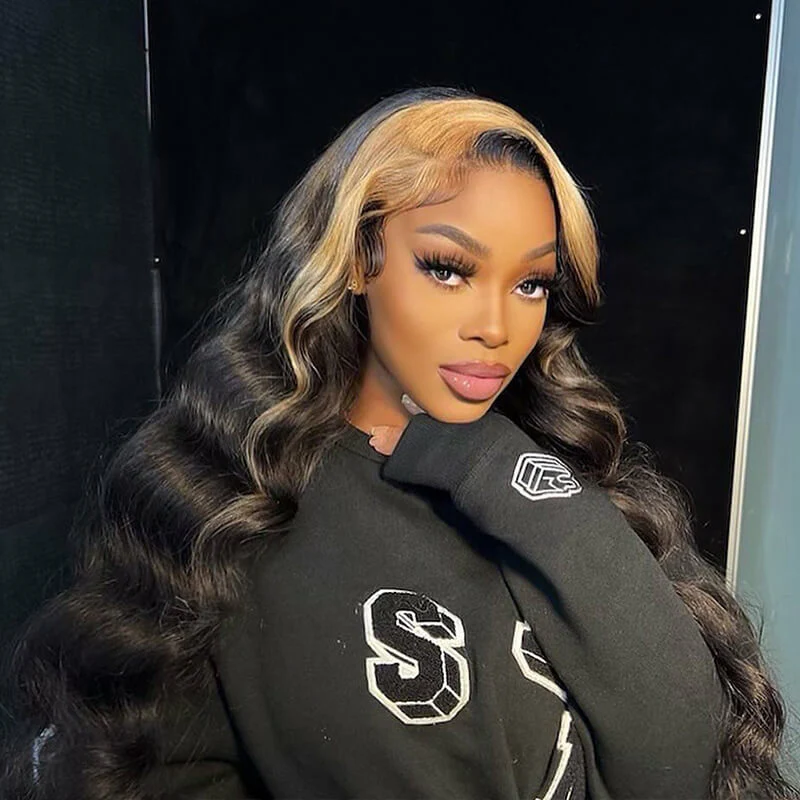 Skunk Stripe Wig with Honey Blonde Highlights Body Wave 13*4 Human Hair Lace Frontal Wig - Image 3