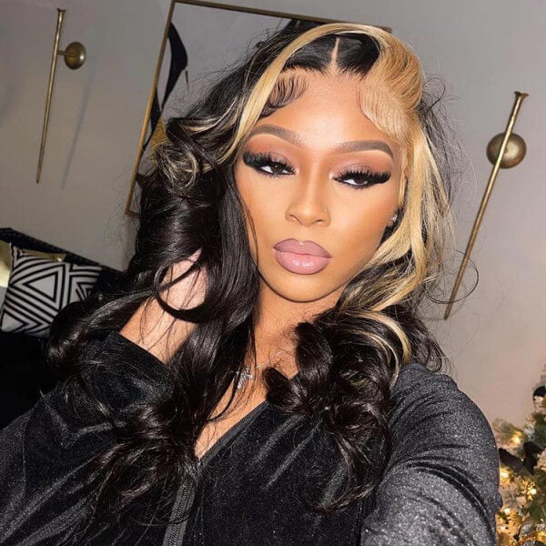Skunk Stripe Wig with Honey Blonde Highlights Body Wave 13*4 Human Hair Lace Frontal Wig - Image 4