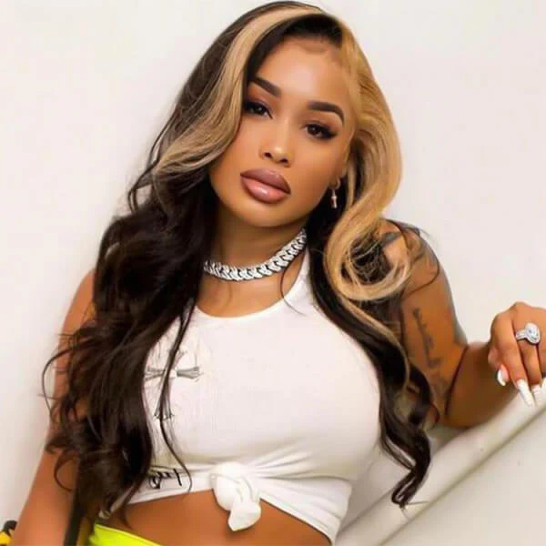 Skunk Stripe Wig with Honey Blonde Highlights Body Wave 13*4 Human Hair Lace Frontal Wig - Image 5