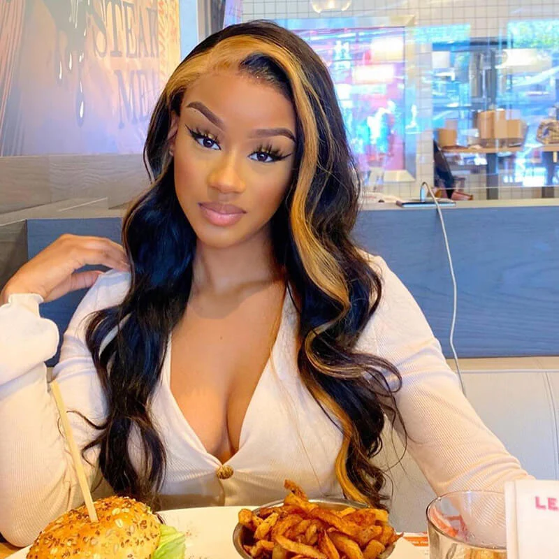 Skunk Stripe Wig with Honey Blonde Highlights Body Wave 13*4 Human Hair Lace Frontal Wig - Image 6